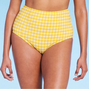 Kona Sol, XL Gingham, textured yellow white plaid high waist bikini bottom NEW